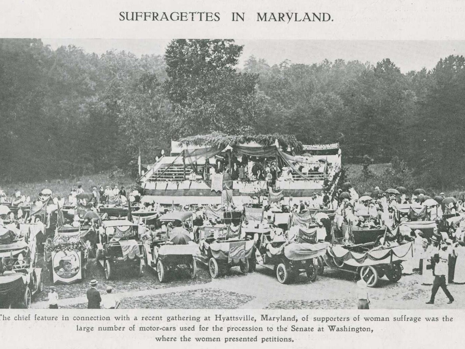 Large suffrage rally in Maryland, USA in 1913, image from The Car Illustrated magazine