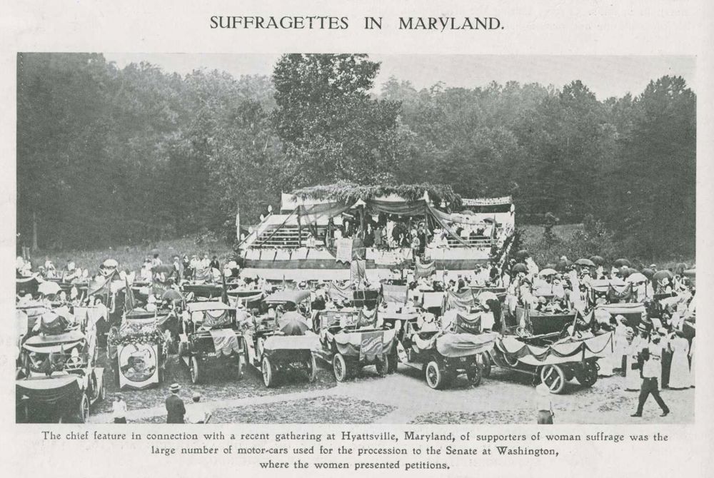 Large suffrage rally in Maryland, USA in 1913, image from The Car Illustrated magazine
