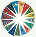 16 Caravan Club and Club centres pennants arranged in a circle.