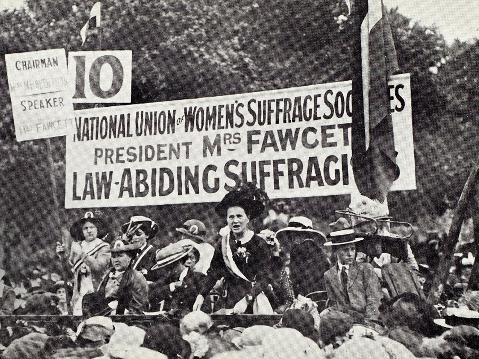 Millicent Fawcett at a National Union of Women's Suffrage Societies rally in 1913