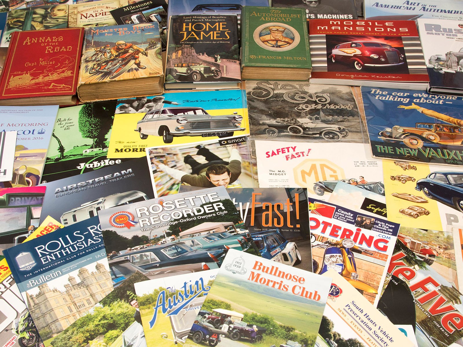 Display of books and brochures from the National Motor Museum Reference Library