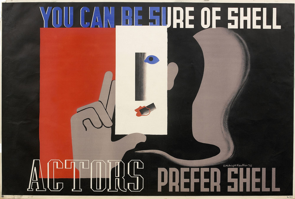 Shell poster number 434, Actors Prefer Shell by Edward McKnight Kauffer. Stylised painting of a rectangle mask with an abstract eye and mouth.