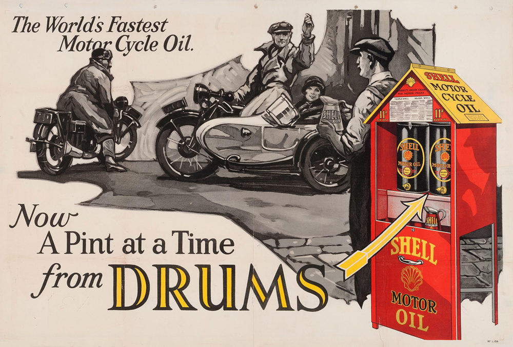 Shell poster number 139, World's fastest motor oil (1926), Shell Studio. Painting shows Shell oil drums in foreground, motorcyclists and a man holding a can of Shell oil are in the background. Caption reads; "The World's Fastest Motor Cycle Oil, Now a pint at a time from Drums".