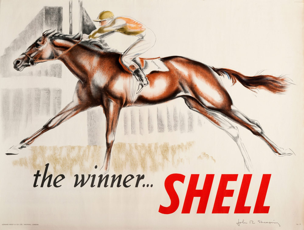 Shell poster number 1559, The Winner … Shell (1952) by John Skeaping. Illustration of a horse and jockey by John Skeaping, a celebrated portrayer of animals in drawing and sculpture.