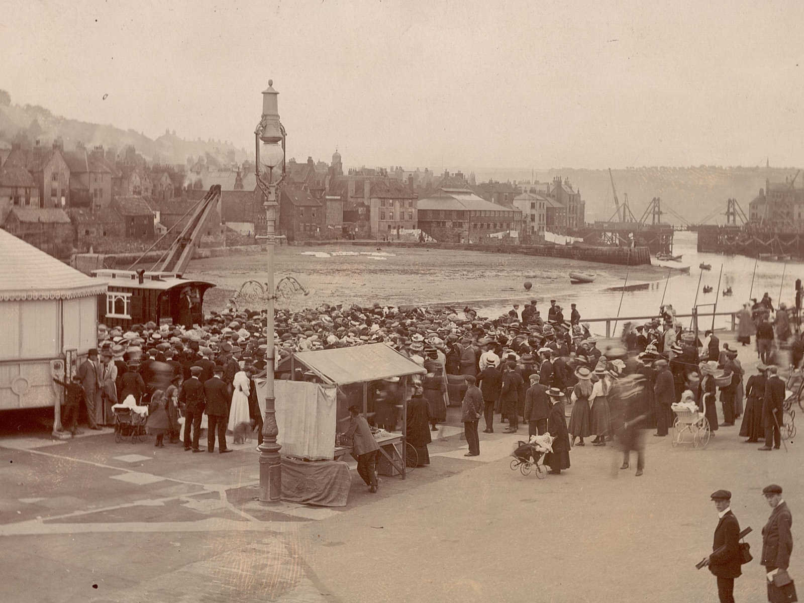 NUWSS gathering in 1908, a speech being made from a caravan by a harbour