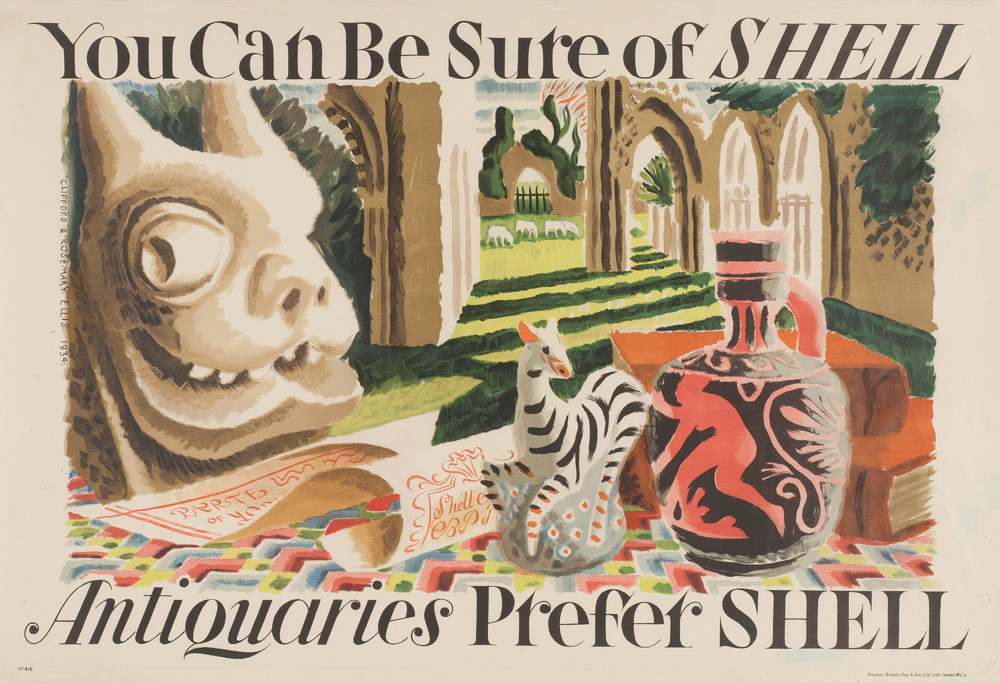 Painting 'Antiquaries prefer Shell' by Clifford and Rosemary Ellis, 1934, part of the 'People Prefer Shell' advertising campaign