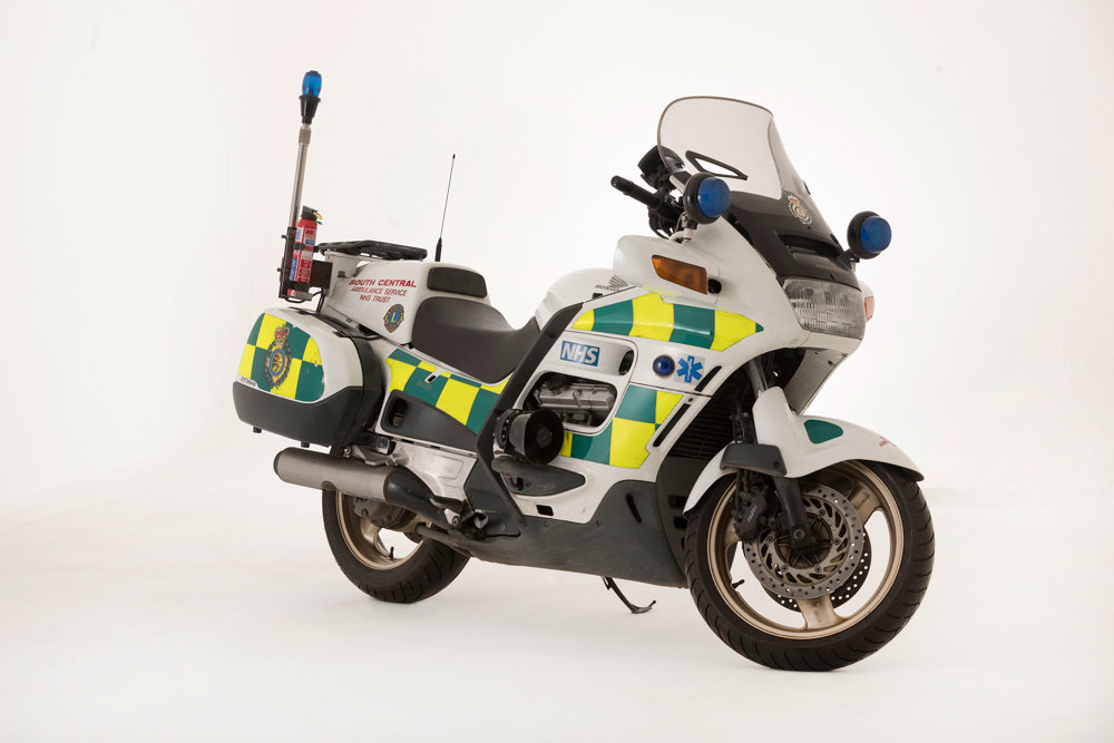 A 2001 Honda ST1100 Pan-European First Responders motorcycle in NHS emergency livery