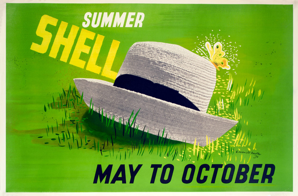 Shell poster number 537, May to October - Summer Shell (1939) by Edward McKnight Kauffer. Painting of a summer boater style hat lying in grass with yellow butterfly.