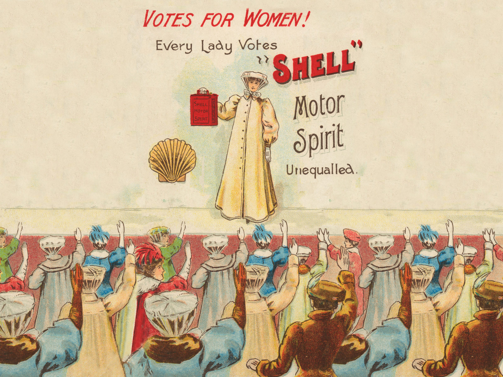 Shell postcard with suffragettes women 'Every Lady Votes Shell Motor Spirit', 1908