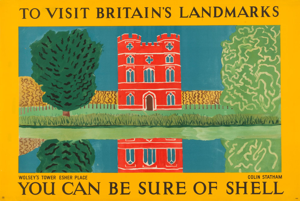 Shell poster number 495, Wolsey's Tower, Esher by Colin Statham. Stylised landscape painting of Wolsey's Tower at Esher Place, reflected in a lake.