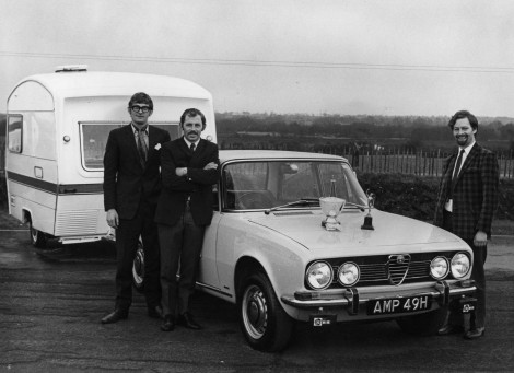 Peter Bennion is pictured far right with co-driver Chris Daisy and navigator John Jensen along with their Alfa Romeo 1750GT and Eccles Opal outfit at the 1970 Caravan Road Rally. This year the team won the National Benzole Caravan Proficiency Trophy.