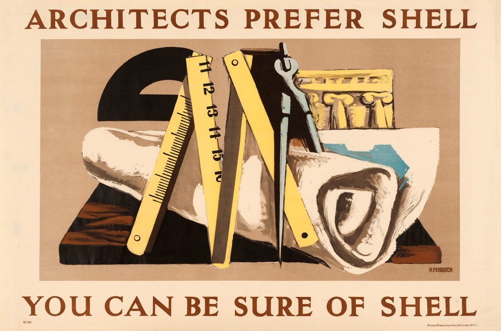 Shell poster number 392, Architects Prefer Shell by Hans Feibusch. Painting depicting various architect's equipment, including a compass, ruler and protractor.