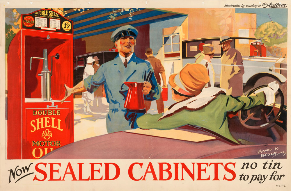 Shell poster number 140, Sealed Cabinet by Howard K. Elcock (1926). Painting of a man proudly showing one of Shell's sealed cabinets to a female motorist. Caption reads; "Now sealed cabinets, no tin to pay for".