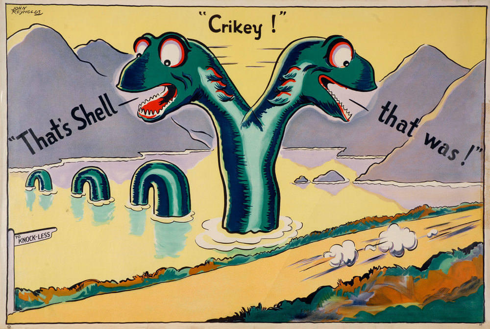 Shell poster number 381, Crikey That's Shell that was! Loch Ness Monster by John Reynolds. Cartoon of Loch Ness Monster appearing to be two headed as it watches a car speed by, all that remains are it's exhaust fumes. The sign by the Loch reads 'To Knock Less'.