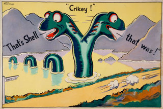 Shell poster number 381, Crikey That's Shell that was! Loch Ness Monster by John Reynolds. Cartoon of Loch Ness Monster appearing to be two headed as it watches a car speed by, all that remains are it's exhaust fumes. The sign by the Loch reads 'To Knock Less'.
