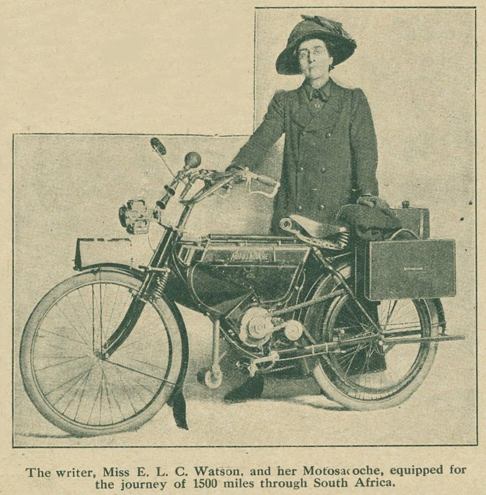 Miss ELC Watson and her motorcycle equipped for a journey of 1500 miles through South Africa