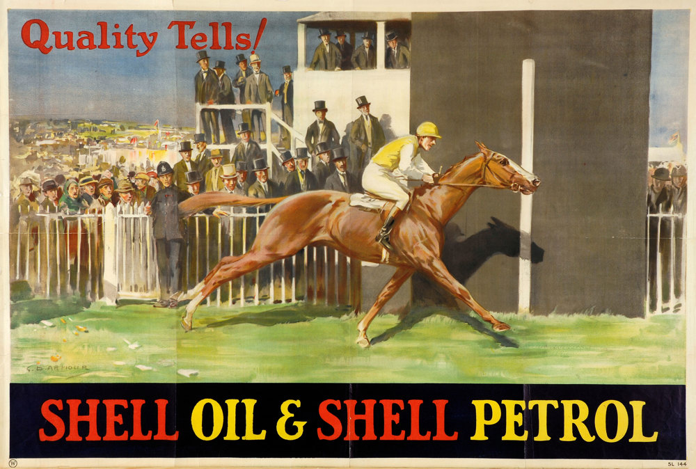 Shell poster number 144, Quality Tells - flat racing by George Denholm Armour (1926). Painting of a horse and jockey crossing a finish line while the crowd looks on. Caption reads; "Quality Tells".