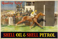 Shell poster number 144, Quality Tells - flat racing by George Denholm Armour (1926). Painting of a horse and jockey crossing a finish line while the crowd looks on. Caption reads; "Quality Tells".