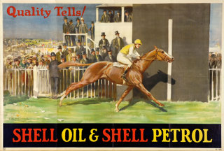 Shell poster number 144, Quality Tells - flat racing by George Denholm Armour (1926). Painting of a horse and jockey crossing a finish line while the crowd looks on. Caption reads; "Quality Tells".