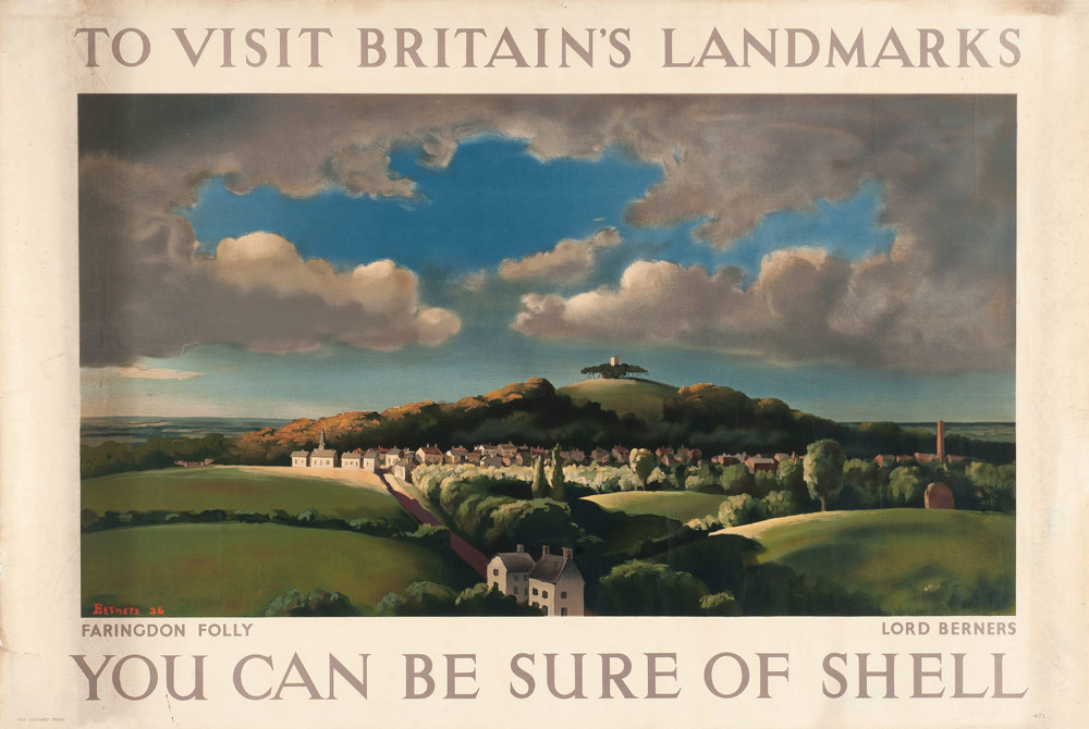 Shell poster number 471, Faringdon Folly by Lord Gerald Berners. Landscape painting of Faringdon Folly and surrounding area on a cloudy day.