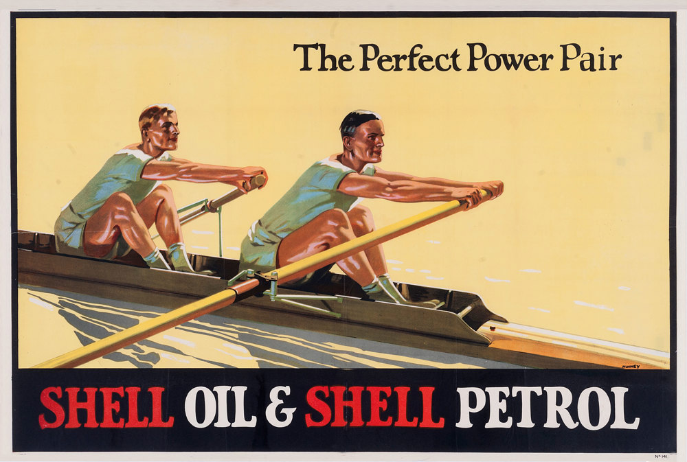 Shell poster number 141, Oarsmen by Munney (1926). Painting of two rowers, caption reads; "The Perfect Power Pair".