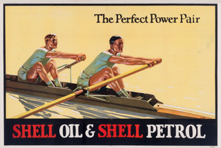 Shell poster number 141, Oarsmen by Munney (1926). Painting of two rowers, caption reads; "The Perfect Power Pair".