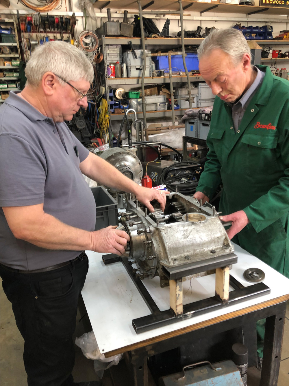 Senior Engineer Ian Stanfield (Left) Inspects The Sunbeam 1000hp Gearbox With A Workshop Volunteer