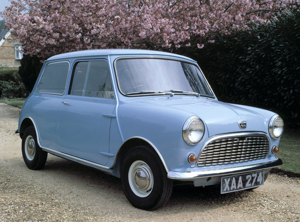 A blue 1959 Austin Mini Seven