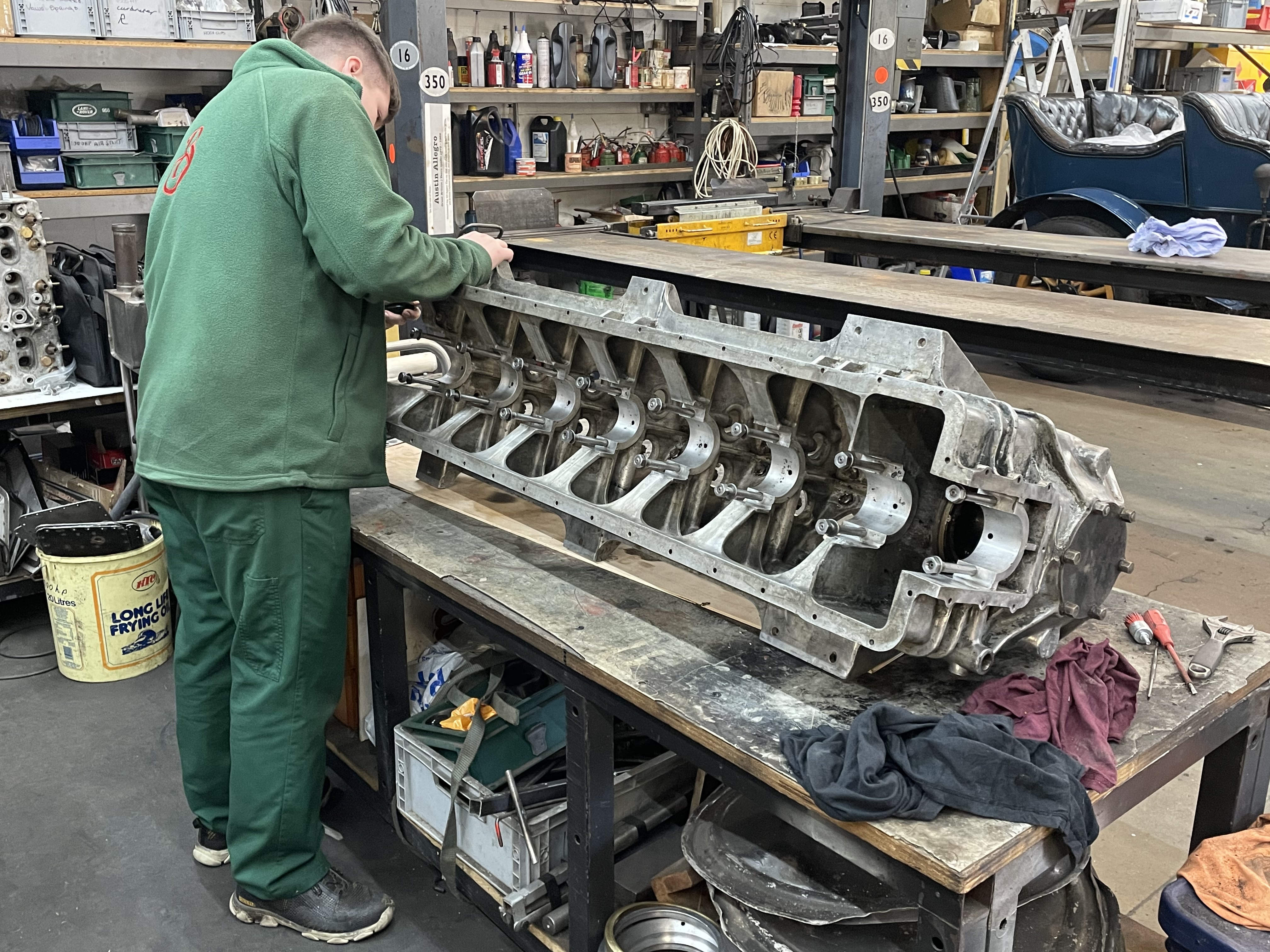 Apprentice Aaron Burton Cleans Sunbeam's Colossal Crankcase
