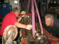 Engineers at the National Motor Museum working on the Sunbeam 1000hp rear engine