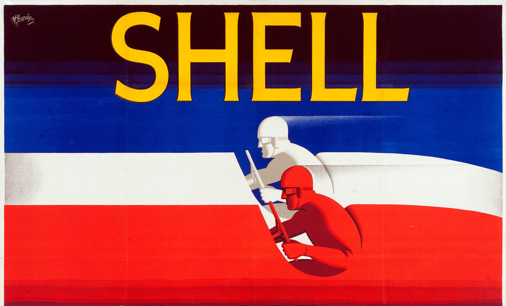 Shell poster number 209, Shell Oil & Petrol by F.C. Harrison. Red, white and blue stylised painting of racing drivers.