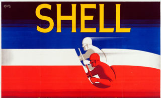 Shell poster number 209, Shell Oil & Petrol by F.C. Harrison. Red, white and blue stylised painting of racing drivers.