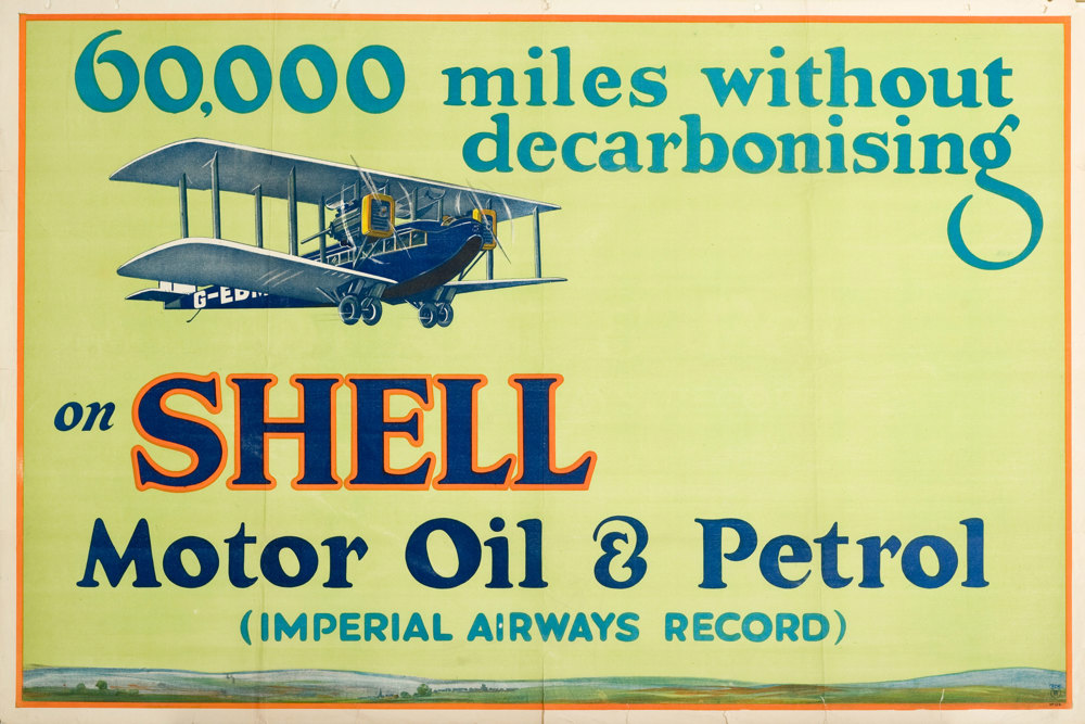 Shell poster number 129, 60,000 miles without decarbonising, Shell Studio (1926). Painting of a 1920s aeroplane. Text reads; "60,000 miles without decarbonising on Shell Motor Oil & Petrol (Imperial Airways Record).