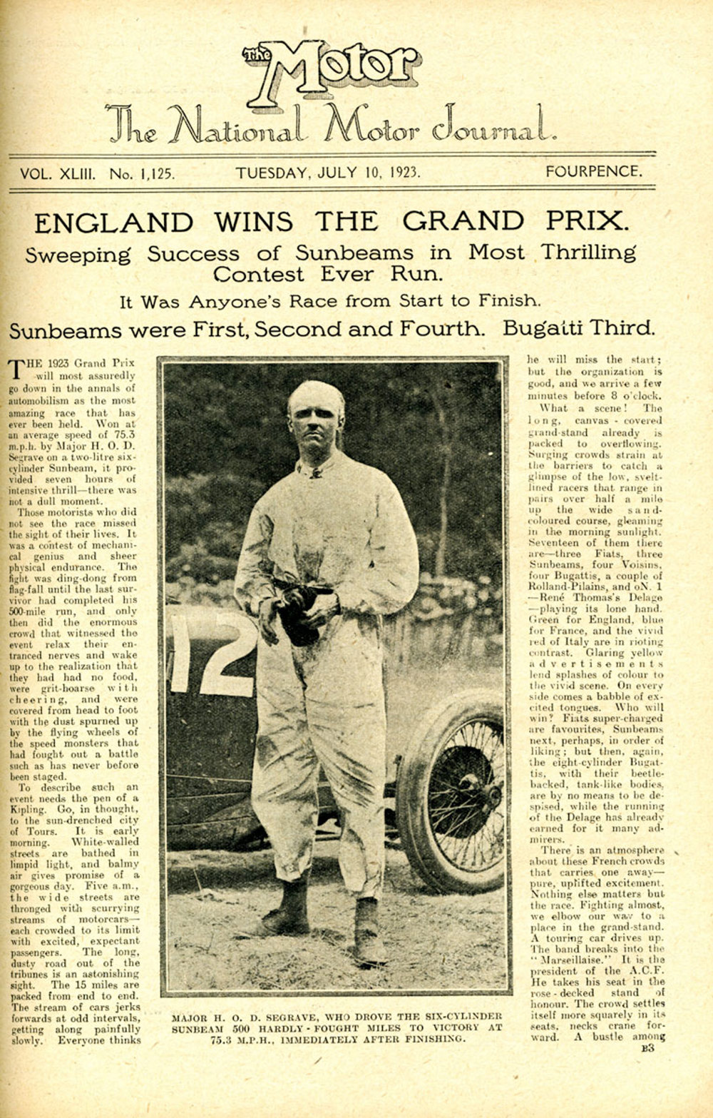 Front page of The Motor magazine celebrating Segrave's victory at the 1923 French GP