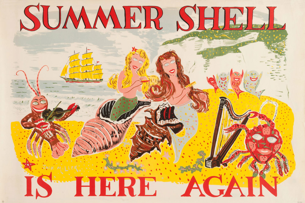 Shell poster number 443, Summer Shell is here again by Jack Miller. Cartoon style painting depicting two mermaids on a beach emerging from conch shells and combing their hair. Around them, a lobster plays a fiddle and a crab like creature plays a harp. Four fish appear to be dancing in the background. A galleon style ship sails on the sea near to a cliff.