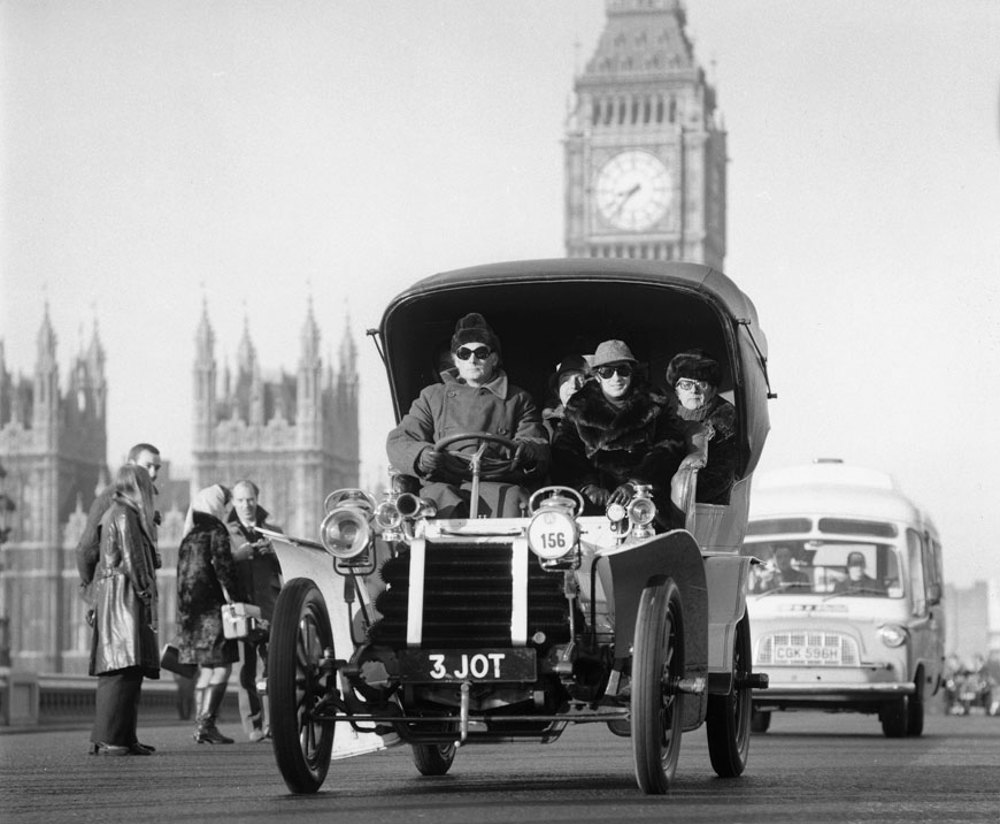 Edward, Lord Montagu on the London to Brighton Run passing over Westminster bridge
