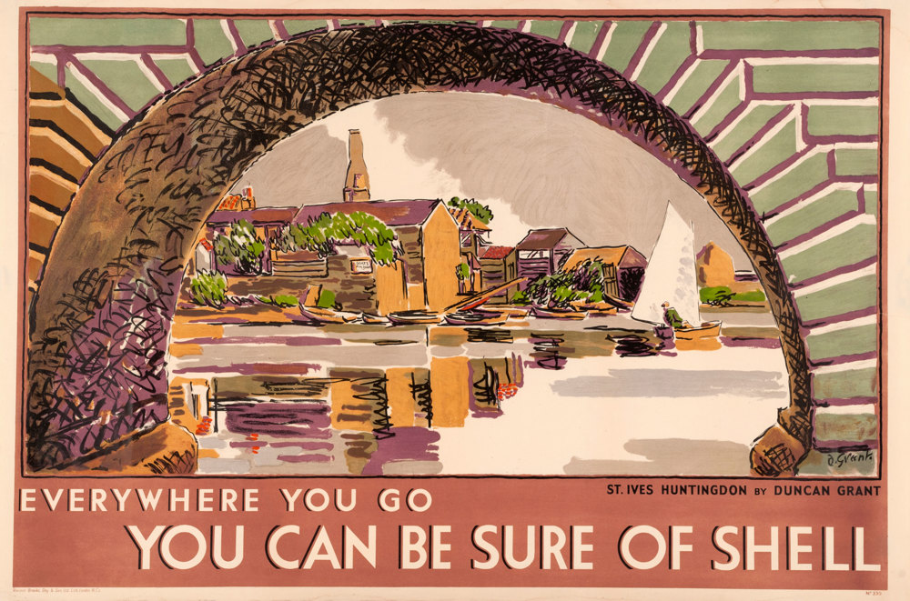 Shell poster number 330, St Ives, Huntingdon by Duncan Grant. Painting of a bridge at St Ives in a cartoon like style, visible through the bridge are buildings and boats.