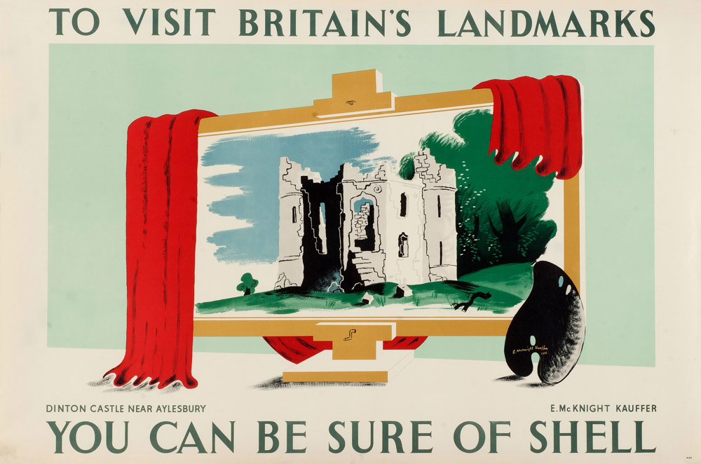 Shell poster number 450, Dinton Castle near Aylesbury by Edward McKnight Kauffer. Painting of an easel with a painting on it depicting Dinton Castle. A red sheet is draped over the easel and an artist's palette rests against the corner of the painting.