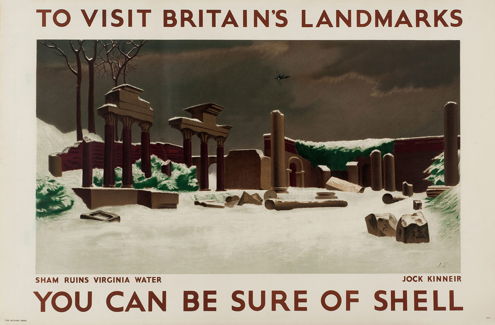 Shell poster number 473, Sham Ruins, Virginia Water by R.J. Kinneir. Landscape painting of Sham Ruins in snow.