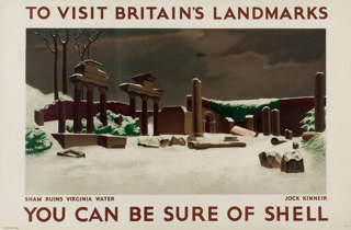Shell poster number 473, Sham Ruins, Virginia Water by R.J. Kinneir. Landscape painting of Sham Ruins in snow.