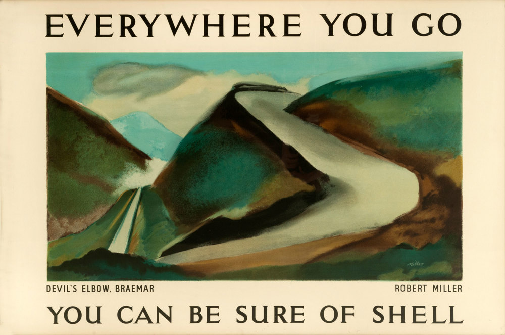 Shell poster number 464, Devil's Elbow, Braemar by Robert Miller. Landscape painting of the steep Devil's Elbow road with it's hairpin bend at Braemar.