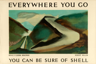 Shell poster number 464, Devil's Elbow, Braemar by Robert Miller. Landscape painting of the steep Devil's Elbow road with it's hairpin bend at Braemar.