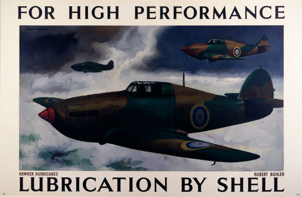 Shell poster number 529, For high performance lubrication by Shell - Hawker Hurricanes (1938) by Robert Buhler. Painting of three Hawker Hurricanes in flight.