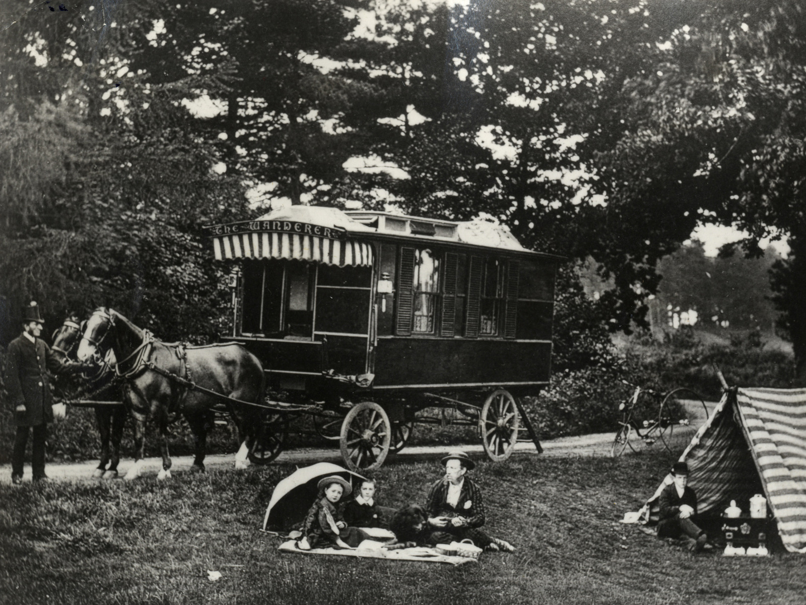 Dr William Gordon Stables and his children sat in front of The Wanderer Circa 1880S