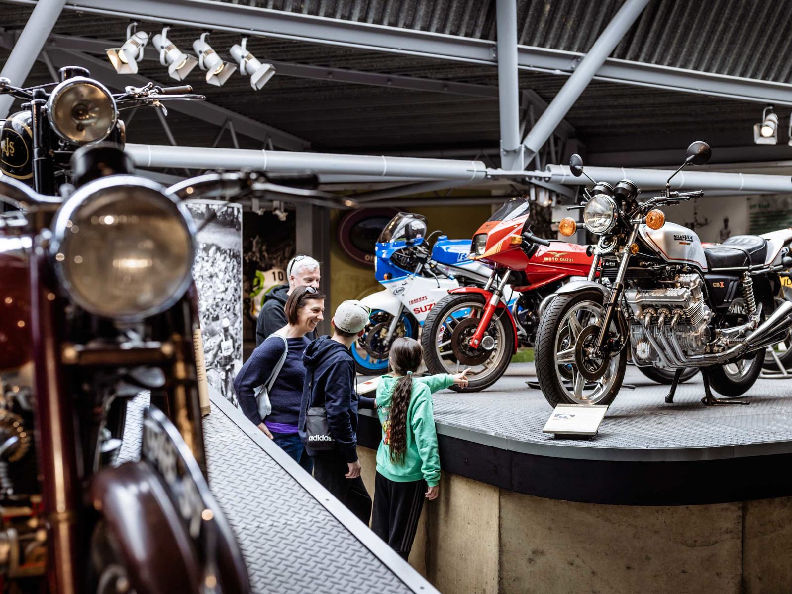 Family group in the Motorcycle Gallery in the National Motor Museum 