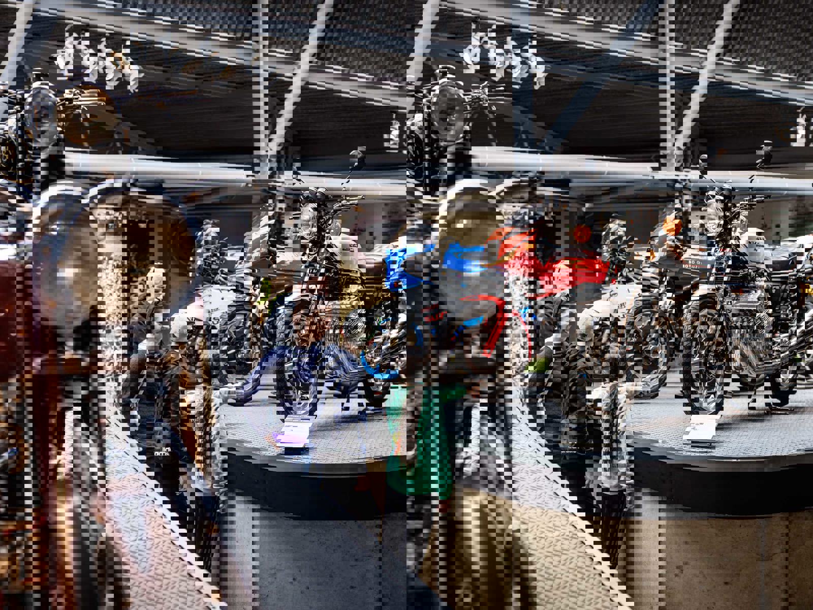 Family group in the Motorcycle Gallery in the National Motor Museum