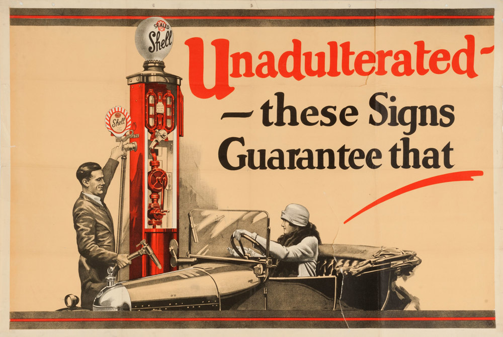 Shell poster number 126, Unadulterated, Shell Studio (1926). Painting of a man filling up a female motorist's car from a Shell petrol pump. Caption reads; "Unadulterated - these signs guarantee that."