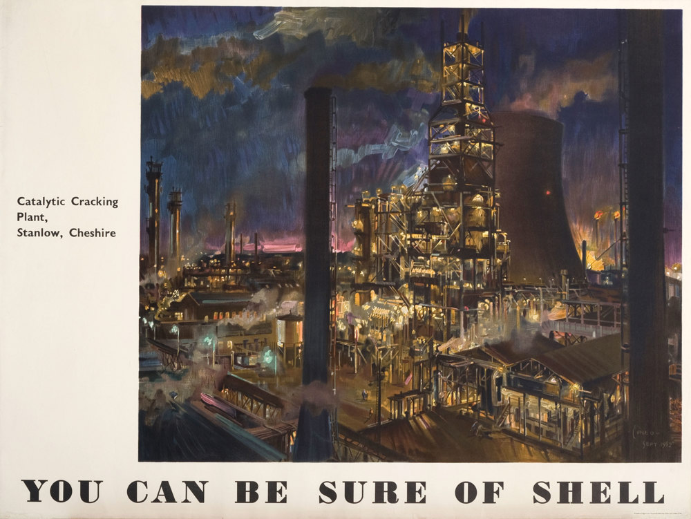 Shell poster number 1555, Catalytic Cracking Plant, Stanlow, Cheshire (1952) by Terence Cuneo. Detailed painting of the catalytic cracking plant in Cheshire, with cooling tower in the background.