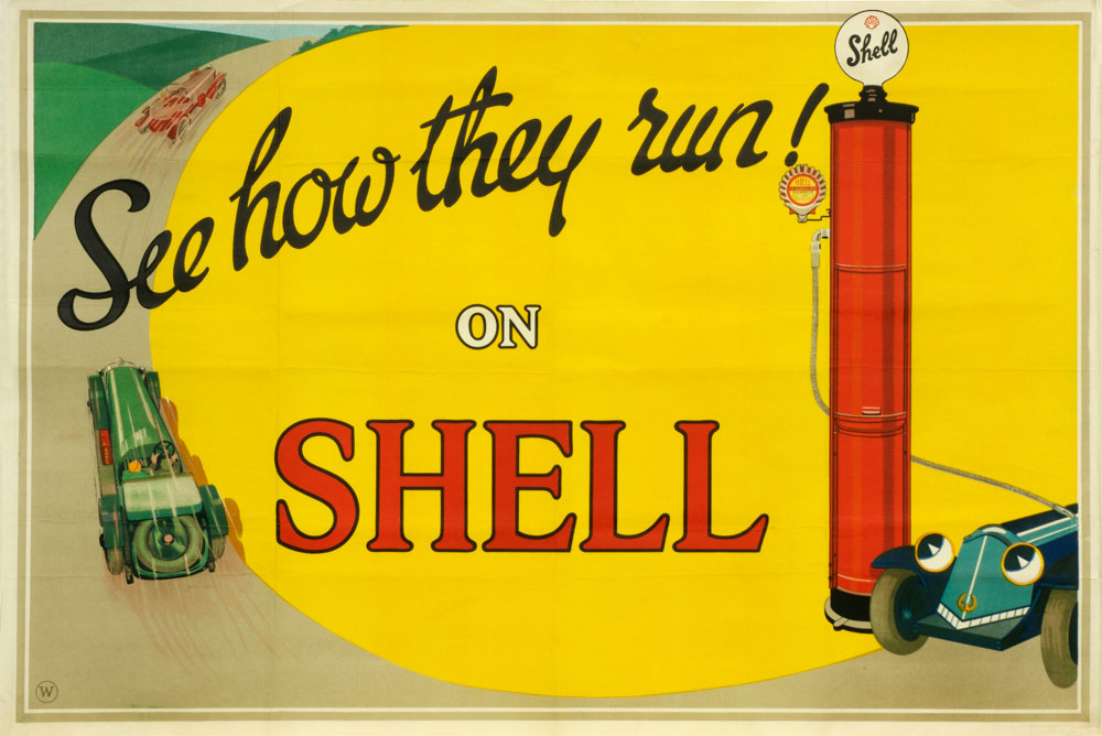 Shell poster 111, See how they run, Shell Studio (1925). Painting of an anthropomorphic car being filled up from a Shell petrol pump. Two other cars are speeding off into the distance. Text reads; "See how they run on Shell".