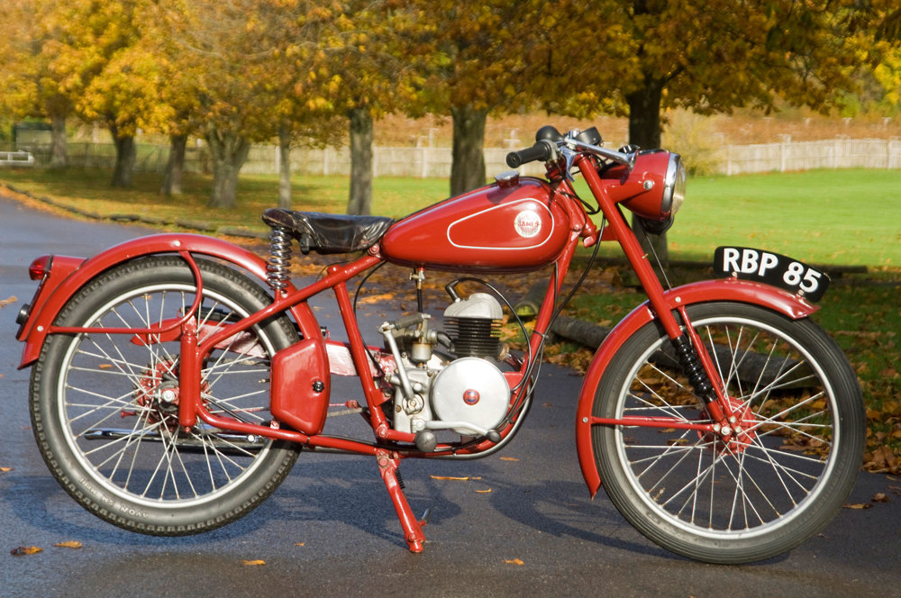 A 1954 James Cadet J5 motorcycle in the grounds at Beaulieu